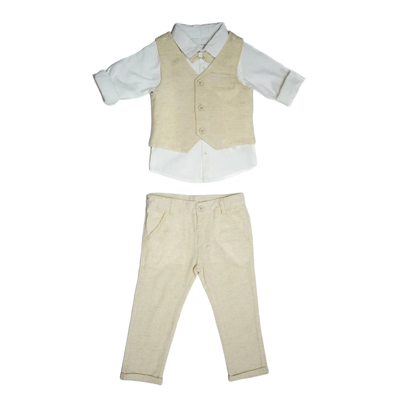 Baby Boys Collar Neck Roll Up Sleeve Shirt with Bow Tie, Waist Coat And Pant Set(4pcs pack)