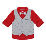 Baby Boys Collar Neck Roll Up Sleeve Shirt with Bow Tie, Waist Coat And Pant Set(4pcs pack)