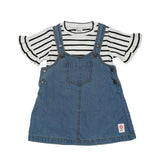 Baby Girls Denim Pinafore Dress With Inner Striped T-Shirt (2pcs Set)