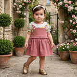 Baby Girls Pinafore Dress & Puff Sleeve Inner Top With Head Band (3pcs set)