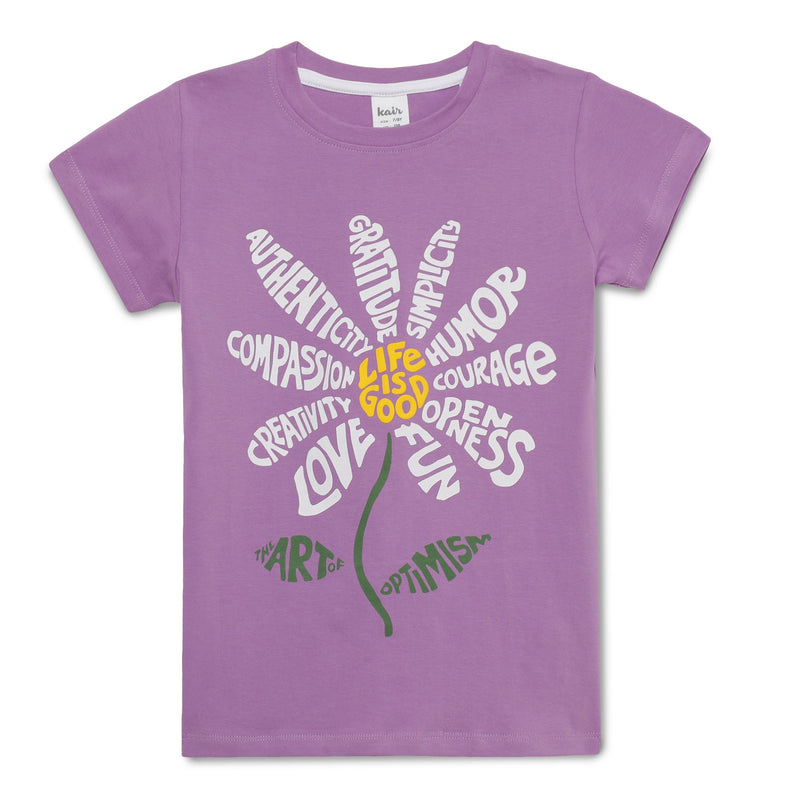 Kid Girls Round Neck Half Sleeve Lavender Graphic Printed T-Shirt