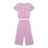 Girls Gingham Checks Raglan Half Sleeve Top With Full Pant -2pcs Set