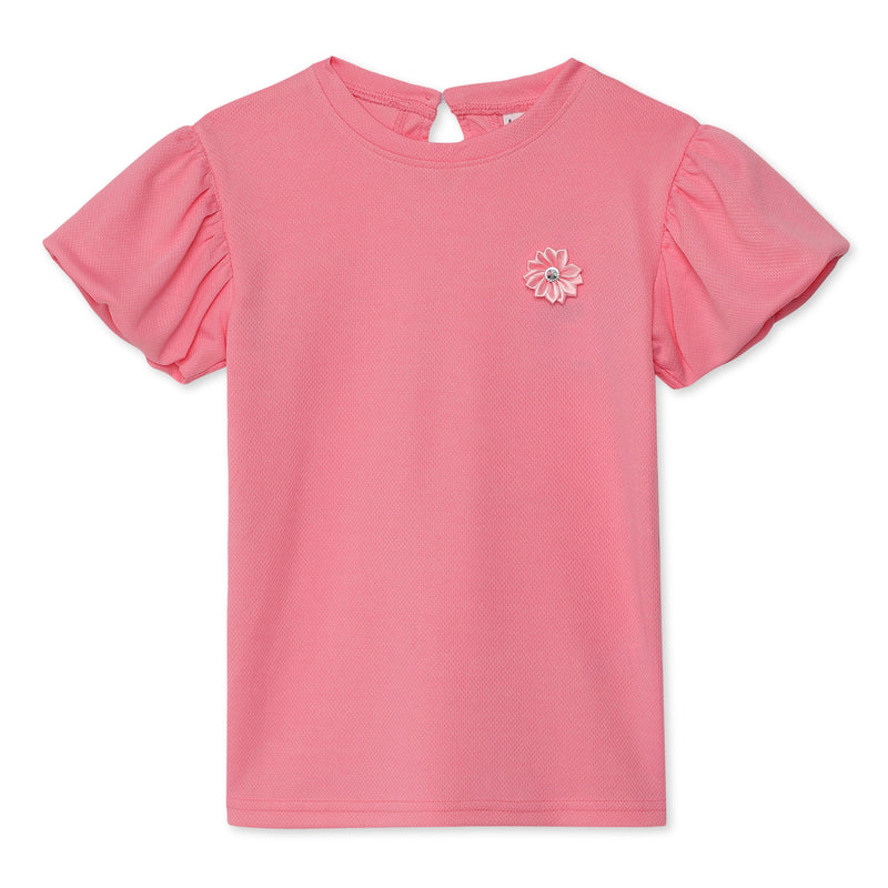 Kid Girls Round Neck Pleated Balloon Sleeve Top