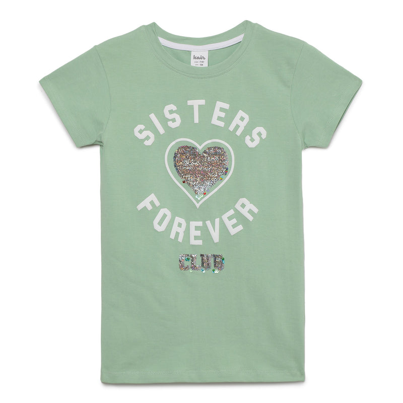 Kid Girls Round Neck Hal Sleeve Green Graphic Printed T-Shirt