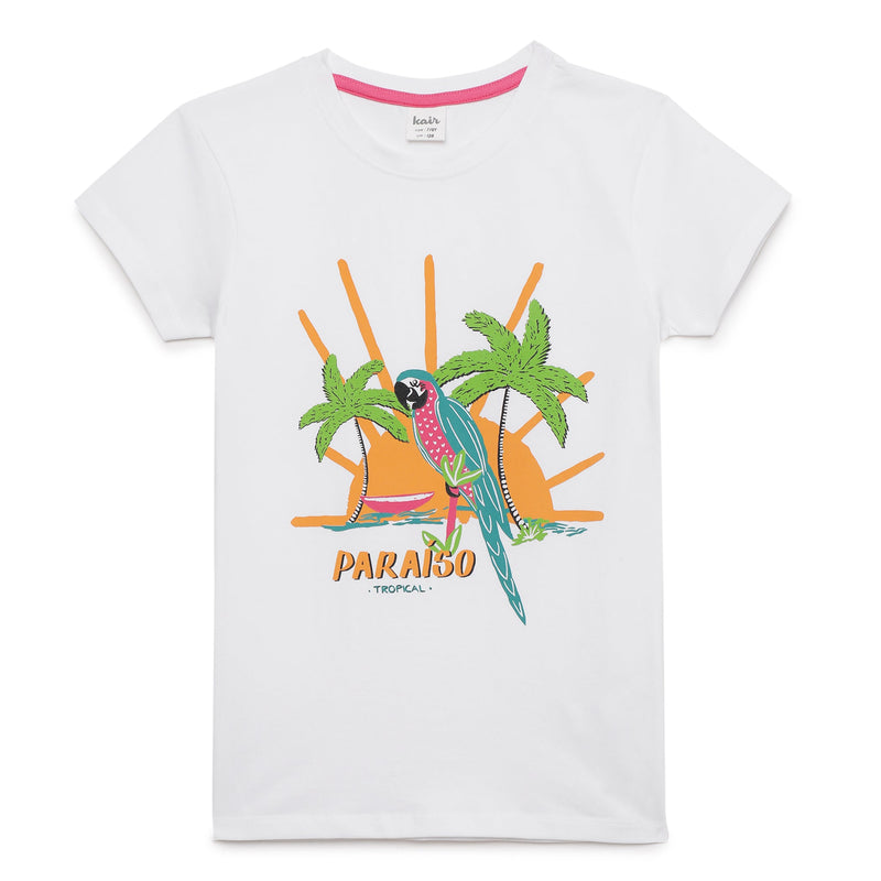 Kid Girls Round Neck Half Sleeve White Graphic Printed T-Shirt