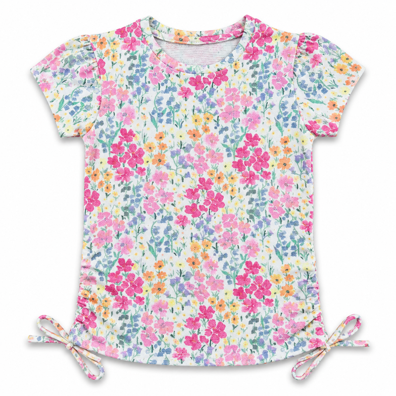 Kid Girls Floral Side Tie Textured Puff Sleeve Top