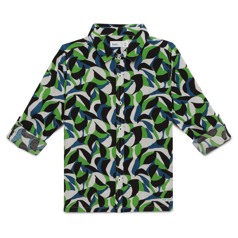 Kids Boys Collar Neck Roll Up Sleeve Printed Viscose Shirt