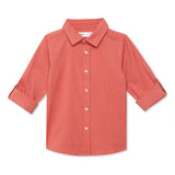 Kid Boys Maroon Collar Neck Roll Up Sleeve Shirt