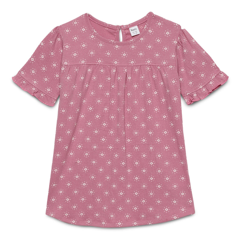 Kid Girls Round Neck Frilled Half Sleeve Printed Top