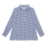 Kid Girls Collar Neck Roll Up Sleeve Gingham Checks Top