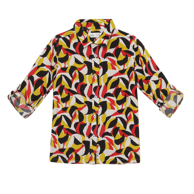 Kids Boys Collar Neck Roll Up Sleeve Printed Viscose Shirt