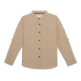 Kid Boys Grandad Collar Neck Roll Up Sleeve Cotlin Shirt
