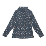 Kid Girls Collar Neck Roll Up Sleeve Printed Top
