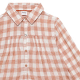 Kid Girls Collar Neck Roll Up Sleeve Gingham Checks Top