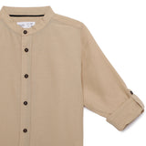 Kid Boys Grandad Collar Neck Roll Up Sleeve Cotlin Shirt