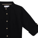 Kid Boys Grandad Collar Neck Roll Up Sleeve Cotlin Shirt