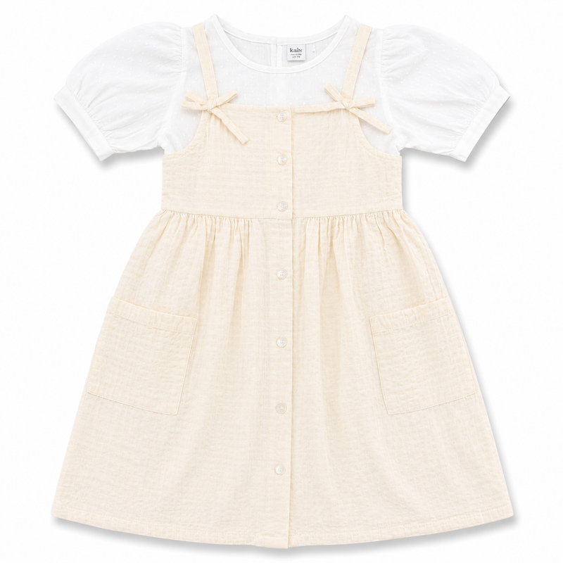Kid Girls Smocked Strappy Dress With Puff Sleeve Top(2pcs set)