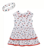Baby Girls Peter Pan Collar Neck Cap Sleeve Printed Dress With Headband(2pcs set)