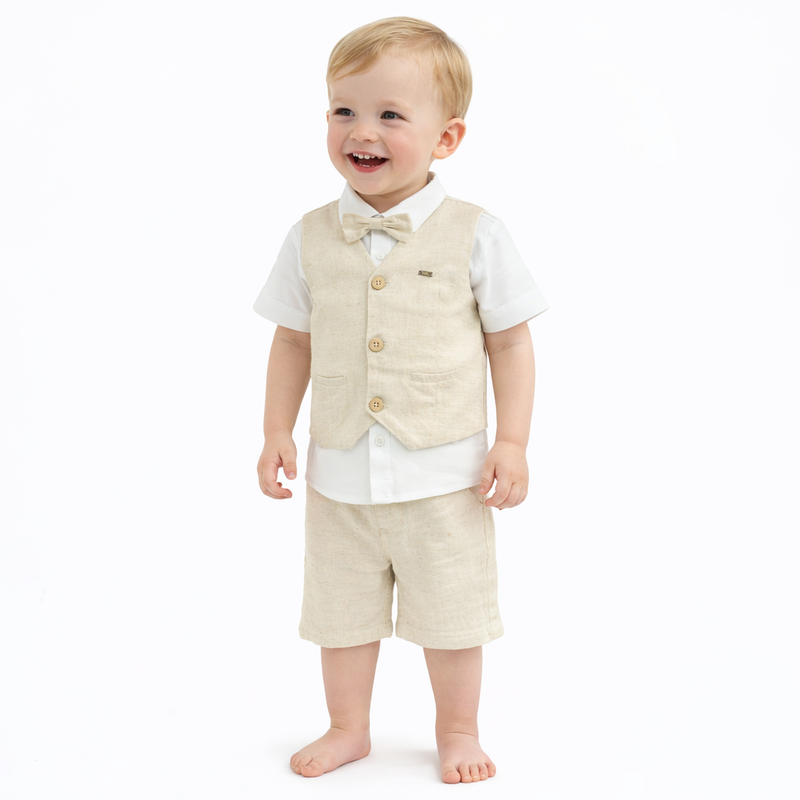 Baby Boys Waist Coat,Shirt With Bow Tie And Shorts Linen Blend Set(4pcs Set)