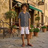 Kid Boys Safari Collar Neck Half Sleeve Textured Navy T-Shirt