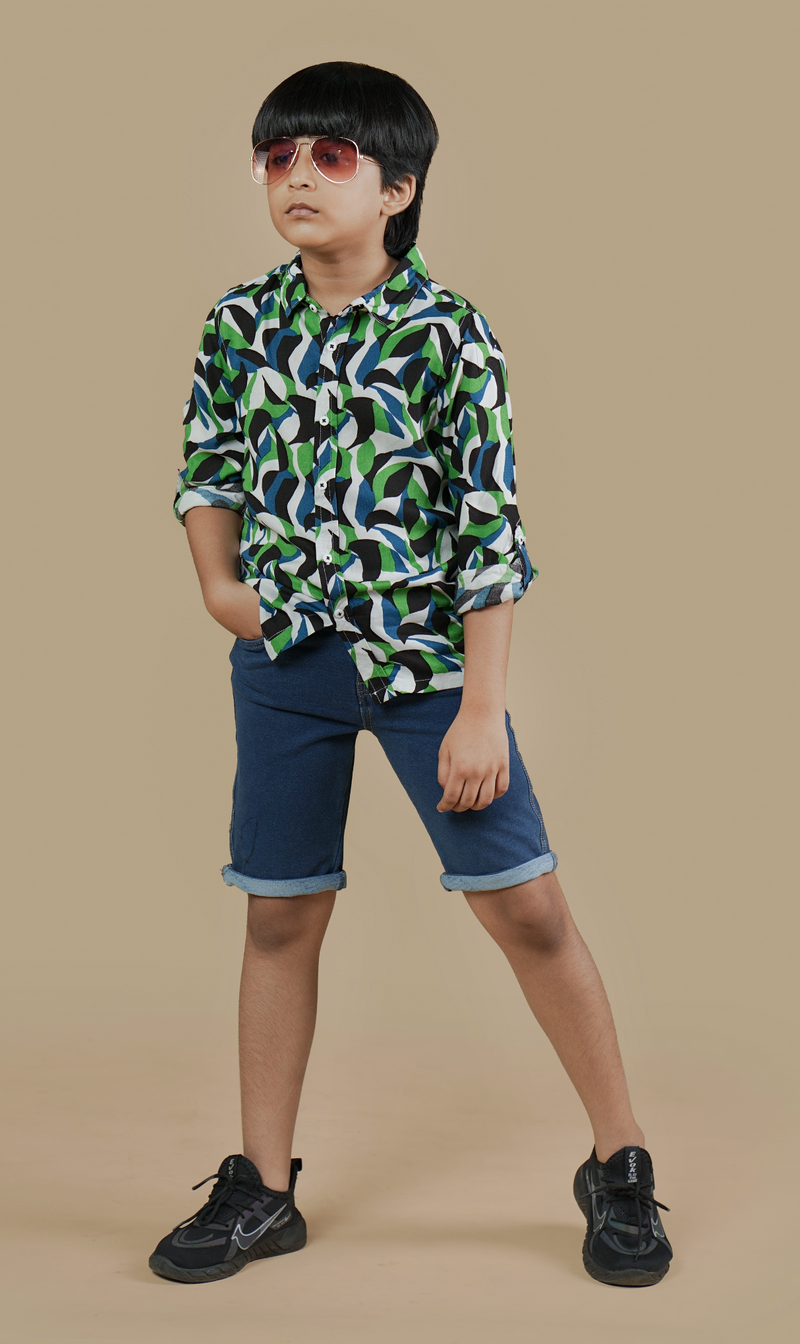Kids Boys Collar Neck Roll Up Sleeve Printed Viscose Shirt