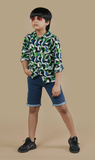 Kids Boys Collar Neck Roll Up Sleeve Printed Viscose Shirt