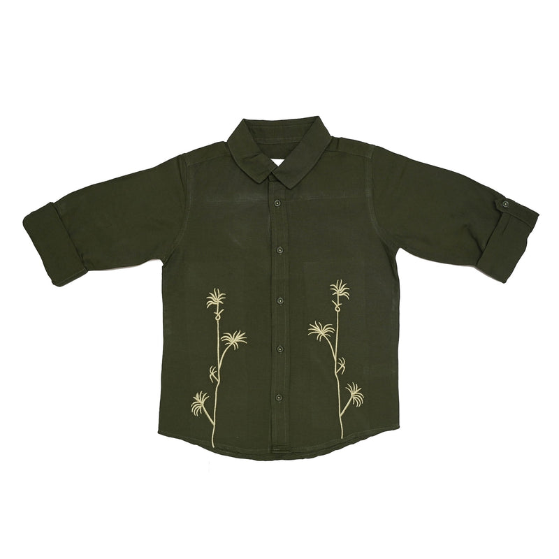 Kids Boys Olive Green Embroidered Full Sleeve Shirt